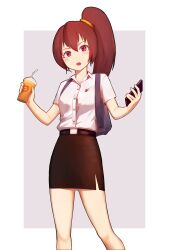 Rule 34 | 1girl, absurdres, bag, belt, black skirt, blush, cellphone, collared shirt, cup, highres, holding, holding cup, laflora, long hair, miniskirt, office lady, open mouth, pencil skirt, phone, red eyes, shirt, short sleeves, side ponytail, skirt, tana m, tiwa pudpichya, white shirt