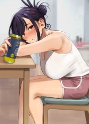 Rule 34 | 1girl, bare shoulders, beer can, black hair, blush, breasts, breasts on lap, brown eyes, can, chair, commentary request, corrupted twitter file, drink can, drunk, elder cousin (igarashi kyouhei), folded hair, hair bun, hair ornament, hairclip, hanging breasts, highres, igarashi kyouhei, large breasts, leaning forward, looking at viewer, original, parted lips, purple hair, single hair bun, sitting, smile, solo, table, tank top, white tank top