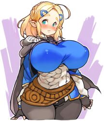 Rule 34 | 1girl, ahoge, aqua eyes, blonde hair, blush, breasts, curvy, huge breasts, long hair, nintendo, pointy ears, princess zelda, sachito, solo, the legend of zelda, the legend of zelda: tears of the kingdom, thick thighs, thighs, wide hips