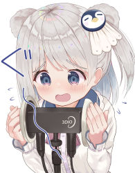 Rule 34 | 1girl, animal ears, binaural microphone, blush, character request, collared shirt, dress shirt, flying sweatdrops, grey eyes, grey hair, hands up, indie virtual youtuber, long sleeves, microphone, mimikaki (men bow), one side up, open mouth, penguin hair ornament, shirt, simple background, sleeves past wrists, solo, upper body, virtual youtuber, wavy mouth, white background, white shirt