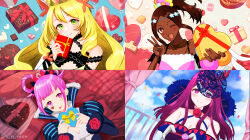 Rule 34 | 4girls, ;d, absurdres, balloon, bare shoulders, blonde hair, box, breasts, brown hair, butterfly hair ornament, celine (fire emblem), cleavage, closed mouth, cookie, cross-laced clothes, cross-laced dress, crown, dark-skinned female, dark skin, dress, facial mark, fascinator, fire emblem, fire emblem engage, flower, folded twintails, food, gift, gift box, green eyes, hair flaps, hair flower, hair ornament, hair rings, heart, heart-shaped box, heart facial mark, highres, holding, holding box, holding gift, hortensia (fire emblem), incoming gift, ivy (fire emblem), long hair, looking at viewer, mole, mole under mouth, multicolored hair, multiple girls, nintendo, one eye closed, open mouth, pink hair, ponytail, purple eyes, purple hair, red flower, red rose, rose, s n reon, short bangs, sidelocks, smile, star-shaped pupils, star (symbol), striped clothes, striped dress, symbol-shaped pupils, timerra (fire emblem), twitter username, two-tone hair, upper body, v, valentine, vertical-striped clothes, vertical-striped dress, very long hair