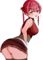 Rule 34 | 1girl, absurdres, ass, blush, c1p122, cowboy shot, from behind, hair ribbon, heterochromia, highres, hololive, houshou marine, looking back, red eyes, red hair, ribbon, shirt, sleeveless, sleeveless shirt, solo, thighhighs, twintails, upskirt, virtual youtuber, white background, yellow eyes