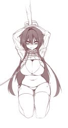 Rule 34 | 1girl, absurdres, angry, belt collar, blush, bound, bound wrists, bra, breasts, brown theme, cleavage, clothes lift, collar, hair between eyes, arms up, highres, kneeling, large breasts, leash, long hair, long sleeves, looking at viewer, monochrome, navel, original, panties, ribbed sweater, simple background, solo, sub-res, sweat, sweater, sweater lift, thighhighs, underwear, v-shaped eyebrows, white background