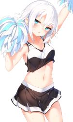 Rule 34 | 1girl, arms up, black skirt, blouse, blue eyes, blush, breasts, cheerleader, chestnut mouth, collarbone, commentary request, cowboy shot, crop top, head tilt, highres, holding, looking at viewer, miniskirt, navel, open mouth, original, otokuyou, pleated skirt, pom pom (cheerleading), ringo-chan (otokuyou), shirt, short hair, simple background, skirt, sleeveless, sleeveless shirt, small breasts, solo, stomach, thighs, white background, white hair