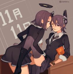 Rule 34 | 10s, 2girls, cardigan, dated, eyepatch, fingerless gloves, food, gloves, halo, headgear, kantai collection, mechanical halo, mouth hold, multiple girls, necktie, pocky, pocky day, pocky kiss, purple eyes, purple hair, purple legwear, rom (romshiro), romshiro, shared food, short hair, sitting, tatsuta (kancolle), tenryuu (kancolle), thighhighs, twitter username, yellow eyes, yuri