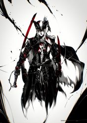 Rule 34 | 1girl, ascot, blood, bloodborne, blood on clothes, bloody weapon, cape, coat, dual wielding, greyscale, hat, hat feather, highres, holding, holding sword, holding weapon, jewelry, kubaushi, lady maria of the astral clocktower, monochrome, red eyes, reverse grip, solo, solo focus, sword, tricorne, weapon