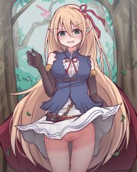 Rule 34 | 1girl, @ @, ^^^, arisa (shadowverse), bad id, bad pixiv id, bare shoulders, black gloves, blonde hair, blue shirt, blush, breasts, cape, clothes lift, commentary request, elbow gloves, elf, female pubic hair, gloves, green eyes, hair between eyes, hair ribbon, long hair, medium breasts, no panties, no pussy, nose blush, open mouth, pointy ears, pubic hair, red cape, red ribbon, ribbon, shadowverse, shirt, skirt, skirt lift, sleeveless, sleeveless shirt, solo, standing, sweat, tori (eherotori), tree, very long hair, white skirt, wind, wind lift