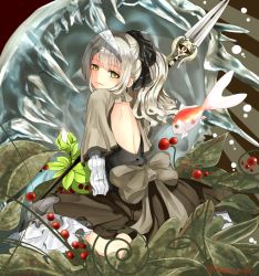 Rule 34 | 1girl, back cutout, bad id, bad pixiv id, clothing cutout, earrings, fish, goldfish, green eyes, ice, jewelry, kanna (horntp), long hair, looking at viewer, original, polearm, ponytail, silver hair, sitting, solo, spear, twitter username, underwater, wariza, weapon