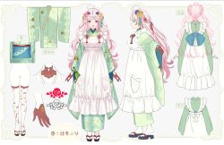 Rule 34 | 1girl, ahoge, apron, arms at sides, asymmetrical legwear, bottle, bow, buisen, character name, character sheet, closed mouth, flower, from behind, from side, full body, gloves, hair flower, hair ornament, hair ribbon, highres, japanese clothes, kagatsuji soyori, kimono, long hair, mismatched legwear, multicolored hair, multiple views, obi, open mouth, pink eyes, pink hair, print kimono, red gloves, ribbon, sandals, sash, second-party source, shuri (84k), socks, standing, streaked hair, tabi, thighhighs, turnaround, two-tone hair, very long hair, virtual youtuber, wine bottle, zouri