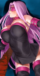 Rule 34 | 1boy, 1girl, a1 (initial-g), areola slip, bandaged arm, bandages, black dress, black thighhighs, blindfold, breasts, cleavage, dress, emiya shirou, faceless, faceless male, fate/stay night, fate (series), large breasts, long hair, medusa (fate), medusa (rider) (fate), no bra, pink hair, sweat, thighhighs, very long hair