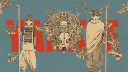 1boy 1girl album_name animal_skull antlers cloak commentary_request dee_ears deer_antlers deer_boy deer_skull hatching_(texture) holding holding_smoking_pipe horns linear_hatching looking_at_viewer original smoking_pipe white_cloak yonezu_kenshi