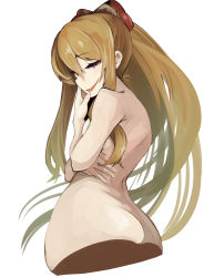 Rule 34 | 10s, 1girl, ass, blonde hair, bow, cropped legs, from behind, granblue fantasy, hair between eyes, hair bow, iwasaki takashi, long hair, naughty face, no legs, nude, open mouth, pink eyes, ponytail, sidelocks, simple background, smile, sneer, solo, vira (granblue fantasy), white background