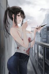 Rule 34 | 1girl, absurdres, arm up, ass, black eyes, black hair, blood, blood stain, breasts, brown hair, building, camisole, cigarette, cleavage, cloud, denim, duplicate, from side, grey sky, hands up, highres, holding, holding cigarette, holding knife, holding weapon, jeans, knife, large breasts, lillly, long hair, looking at viewer, looking to the side, open mouth, original, outdoors, pants, pixel-perfect duplicate, ponytail, shirt, sidelocks, sky, sleeveless, sleeveless shirt, smoke, smoking, solo, tank top, weapon, white camisole, white tank top