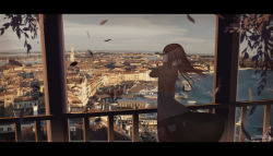 Rule 34 | 1girl, absurdres, amatsuki rei, artist name, black eyes, black skirt, brown hair, brown shirt, building, city, cityscape, commentary request, day, falling leaves, grey sky, hand in own hair, hand up, harbor, highres, horizon, leaf, letterboxed, long hair, long skirt, long sleeves, original, partial commentary, pillar, profile, railing, scenery, shade, ship, shirt, sidelocks, signature, skirt, sky, solo, standing, tower, water, watercraft, wind