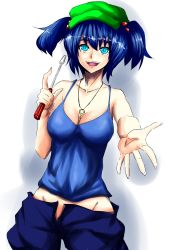 Rule 34 | 1girl, bad id, bad pixiv id, between breasts, blue eyes, blue hair, blue shirt, breasts, cleavage, collarbone, groin, hair bobbles, hair ornament, hat, highres, hitotsuki nebura, ichitsuki nebura, jewelry, kawashiro nitori, key, large breasts, looking at viewer, matching hair/eyes, necklace, open mouth, outstretched hand, pants, screwdriver, shirt, smile, solo, tank top, touhou, transparent background, twintails, two side up, unzipped, white background