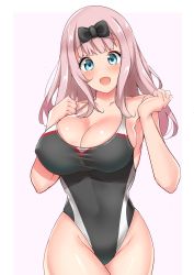 Rule 34 | 1girl, bad id, bad twitter id, bare shoulders, black bow, black one-piece swimsuit, blue eyes, blunt bangs, blush, border, bow, breasts, cleavage, collarbone, competition swimsuit, fujiwara chika, hair bow, highleg, highleg swimsuit, highres, kaguya-sama wa kokurasetai ~tensai-tachi no renai zunousen~, large breasts, long hair, looking at viewer, one-piece swimsuit, open mouth, pink hair, sankakusui, smile, solo, swimsuit, white border