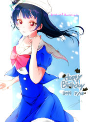 Rule 34 | 1girl, 2019, artist name, artist request, blue dress, blue hair, blue skirt, blush, bow, buttons, dress, female focus, hair bun, hat, highres, long hair, looking at viewer, love live!, love live! sunshine!!, parted lips, puffy short sleeves, puffy sleeves, red bow, red eyes, sailor collar, sailor dress, short sleeves, single hair bun, skirt, smile, solo, tsushima yoshiko, white bow, white hat