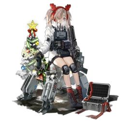 Rule 34 | 1girl, ammunition, ammunition belt, ankle boots, antlers, black footwear, black gloves, boots, christmas, christmas ornaments, christmas tree, cross-laced footwear, earmuffs, expressionless, full body, general-purpose machine gun, girls&#039; frontline, glasses, gloves, grey hair, gun, h&amp;k hk21, hair ornament, hair over one eye, hairband, hk21, hk21 (girls&#039; frontline), hk21 (vixen&#039;s platform 1/9) (girls&#039; frontline), holding, holding gun, holding weapon, horns, jacket, jewelry, knee pads, lace-up boots, load bearing equipment, long hair, long jacket, long sleeves, looking at viewer, machine gun, merry christmas, official alternate costume, official art, bulletproof vest, purple eyes, red hairband, red socks, robot, round eyewear, sidelocks, sitting, socks, solo, star (symbol), thighs, transparent background, turtleneck, twintails, weapon, white-framed eyewear, white jacket, xiao chichi