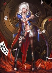 Rule 34 | 1girl, black footwear, black thighhighs, blurry, boots, bra, braid, breasts, card, dantewontdie, female focus, full body, gloves, izayoi sakuya, knee boots, knife, looking at viewer, maid, maid headdress, motion blur, navel, panties, playing card, purple eyes, silver hair, solo, standing, thighhighs, torn clothes, torn thighhighs, touhou, twin braids, underwear, white panties