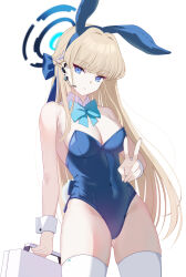 Rule 34 | 1girl, absurdres, animal ears, bare shoulders, blonde hair, blue archive, blue bow, blue eyes, blue hairband, blue leotard, bow, bowtie, braid, breasts, briefcase, cleavage, closed mouth, covered navel, cowboy shot, detached collar, earpiece, expressionless, fake animal ears, hairband, halo, highleg, highleg leotard, highres, holding, holding briefcase, leotard, long hair, medium breasts, microphone, mishiro (ixtlolton), official alternate costume, official alternate hairstyle, playboy bunny, rabbit ears, rabbit tail, simple background, solo, sparkle, tail, thighhighs, thighs, toki (blue archive), toki (bunny) (blue archive), v, very long hair, white background, white thighhighs, wrist cuffs