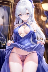 Rule 34 | 1girl, absurdres, age fx, argus (azur lane), argus (cerulean enthrallment) (azur lane), azur lane, blue dress, blue hair, bow, breasts, center opening, cleavage, clothes lift, criss-cross halter, detached sleeves, dress, hair bow, halter dress, halterneck, highres, jewelry, lace, lace-trimmed panties, lace trim, lifting own clothes, light blue hair, long dress, long hair, medium breasts, mirror, official alternate costume, panties, pantyshot, ponytail, skirt, skirt lift, underwear