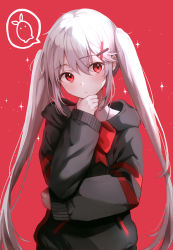 Rule 34 | 1girl, albino, black jacket, borrowed character, bow, bowtie, hair between eyes, hair ornament, hand on own chin, highres, hood, hoodie, jacket, long hair, long sleeves, looking at viewer, original, rangu, red background, red eyes, solo, sparkle, spoken object, twintails, upper body, very long hair, white hair, x hair ornament