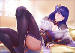 Rule 34 | 1girl, ass, bed, blush, breasts, commentary request, floral print, flower, genshin impact, hair ornament, japanese clothes, kimono, large breasts, long hair, looking at viewer, lying, mitsudomoe (shape), obi, obiage, obijime, on back, open mouth, purple eyes, purple flower, purple hair, raiden shogun, ribbon, sash, shiro font, solo, thighhighs, tomoe (symbol)