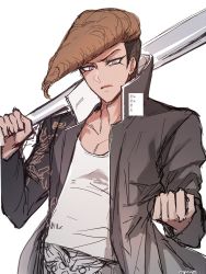Rule 34 | 16 (0xhsk16), 1boy, baseball bat, black coat, brown hair, coat, collarbone, commentary request, danganronpa: trigger happy havoc, danganronpa (series), grey shirt, highres, holding, male focus, owada mondo, open clothes, open mouth, purple eyes, shirt, simple background, solo, translation request, white background