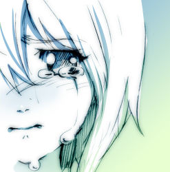 Rule 34 | 1girl, blue background, blue theme, blush, close-up, crying, crying with eyes open, gradient background, green background, green theme, monochrome, sad, sketch, solo, tears, yahako