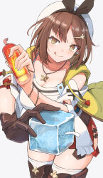 Rule 34 | 1girl, :q, atelier (series), atelier ryza, atelier ryza 1, bomb, boots, bracelet, breasts, brown eyes, brown gloves, brown hair, cleavage, commentary request, detached sleeves, explosive, gloves, greyscale, hair ornament, hairclip, highres, holding, holding bomb, jacket, jewelry, large breasts, leaning forward, leather, leather gloves, looking at viewer, monochrome, necklace, okosan (pixiv), partial commentary, red shorts, reisalin stout, shirt, short hair, short shorts, shorts, single glove, sleeveless, sleeveless jacket, sleeveless shirt, solo, star (symbol), star necklace, thigh boots, thighhighs, thighhighs under boots, tongue, tongue out, white headwear, white shirt, white thighhighs, yellow jacket