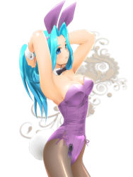Rule 34 | 1girl, adjusting hair, animal ears, aqua hair, armpits, arms behind head, arms up, blue eyes, blue hair, blush, bow, bowtie, breasts, cleavage, detached collar, fake animal ears, female focus, large breasts, leotard, long hair, matching hair/eyes, open mouth, original, pantyhose, playboy bunny, rabbit ears, rabbit tail, sideboob, simple background, smile, solo, tail, wrist cuffs, yagisaka seto