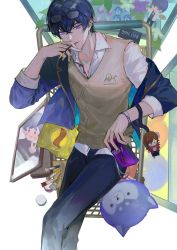 Rule 34 | 1boy, blue jacket, blue pants, brown vest, brush, chips (food), food, highres, holding, holding food, jacket, laoyepo, long sleeves, looking at viewer, marius von hagen (tears of themis), open mouth, pants, pocky, polo shirt, rosa (tears of themis), shirt, shopping cart, short hair, tears of themis, tongue, tongue out, vest, white background, white shirt