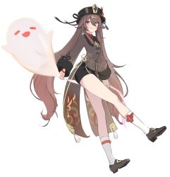 Rule 34 | 1girl, arin (1010 ssu), black footwear, black shorts, brown hair, brown headwear, brown shirt, chinese clothes, closed mouth, full body, genshin impact, ghost, highres, hu tao (genshin impact), long hair, long sleeves, looking at viewer, red eyes, shirt, shorts, simple background, socks, solo, tongue, tongue out, twintails, white background, white socks
