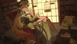 Rule 34 | 1girl, absurdres, animal, animal on shoulder, arknights, armchair, ascot, bird, bird on shoulder, birdcage, black bow, black bowtie, black dress, black headwear, blonde hair, blue bird, blue eyes, bonnet, book, bookshelf, bow, bowtie, cage, chair, chl (artist), closed mouth, commentary, demon horns, dress, fingernails, full body, goth fashion, hair between eyes, highres, holding, holding book, horns, hourglass, indoors, long hair, long sleeves, looking at viewer, multicolored clothes, multicolored dress, nightingale (an elegy) (arknights), nightingale (arknights), on chair, open book, paper, plant, potted plant, sitting, smile, solo, very long hair, white ascot, white dress, window