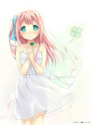 Rule 34 | 1girl, bare shoulders, blue eyes, blush, clover, dress, four-leaf clover, hair intakes, long hair, one side up, original, pink hair, see-through silhouette, shitou (1992116210), side ponytail, simple background, smile, solo, white background