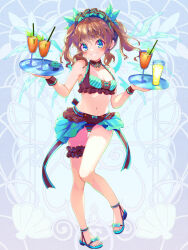 Rule 34 | 1girl, aqua bikini, aqua nails, bikini, blue eyes, breasts, brown bikini, brown hair, brown scrunchies, chain paradox, cup, dennryuurai, drinking straw, energy wings, food, full body, hair ornament, highres, holding, holding tray, ice cream, looking at viewer, medium hair, mitoma mao, navel, sandals, small breasts, smile, solo, solos, standing, swimsuit, tanding, thigh scrunchie, tray, two-tone bikini, two side up, wings