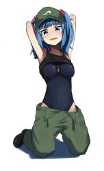 Rule 34 | 1girl, absurdres, armpits, arms behind head, arms up, black footwear, blue eyes, blue hair, blush, chiba mochi, collarbone, covered navel, green hat, hat, highres, impossible clothes, jewelry, kawashiro nitori, key, key necklace, kneeling, light blush, long hair, necklace, open mouth, simple background, solo, tearing up, touhou, twintails, white background, white eyes