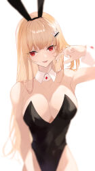 Rule 34 | 1girl, absurdres, arm up, armpits, blonde hair, blurry, breasts, brushing hair, brushing own hair, cleavage, collarbone, covered navel, depth of field, detached collar, hair ornament, highres, kooemong, large breasts, leotard, long hair, looking at viewer, open mouth, original, playboy bunny, red eyes, solo, upper body, very long hair, white background, wrist cuffs
