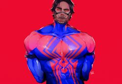Rule 34 | 1boy, absurdres, arms behind back, bara, black hair, blue bodysuit, bodysuit, bound, bound arms, bound wrists, highres, large pectorals, male focus, marvel, miguel o&#039;hara, muscular, muscular male, muzzle, noasauruss, pectorals, red background, red bodysuit, short hair, simple background, solo, spider-man: across the spider-verse, spider-man: into the spider-verse, spider-man (2099), spider-man (series), spider-verse, two-tone bodysuit, upper body