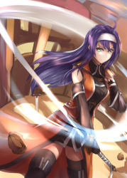 Rule 34 | 1girl, absurdres, black thighhighs, blue hair, closed mouth, detached sleeves, fingerless gloves, fire emblem, fire emblem: radiant dawn, gloves, green eyes, headband, highres, holding, holding sword, holding weapon, lanse dai mao, long hair, mia (fire emblem), nintendo, rock, solo, sword, thighhighs, weapon, white headband