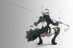 Rule 34 | 1girl, android, ass, back cutout, bad id, bad pixiv id, black blindfold, black dress, black hairband, blindfold, boots, clothing cutout, covered eyes, dress, feather-trimmed sleeves, from behind, gloves, grey background, hairband, high heel boots, high heels, highleg, highleg leotard, holding, holding sword, holding weapon, juliet sleeves, katana, leather, leather boots, leotard, long sleeves, nier (series), nier:automata, puffy sleeves, silver hair, sitting, solo, squatting, sword, thigh boots, thighhighs, thighhighs under boots, vambraces, vanzan, weapon, white leotard, 2b (nier:automata)