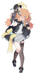 Rule 34 | 1girl, @ @, absurdres, animal ears, black footwear, black hat, blue archive, blue eyes, blush, bow, bowtie, fox ears, full body, hair ornament, halo, hat, heart, heart hands, highres, idol, jacket, looking at viewer, mari (blue archive), open clothes, open jacket, open mouth, orange hair, plaid, plaid skirt, ribbon, shirt, shoes, simple background, skirt, solo, standing, thighhighs, thighs, twintails, warabi mochi (w4rabimochi), white background, white shirt, yellow halo