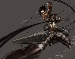 Rule 34 | 1boy, black hair, cable, dual wielding, eren yeager, green eyes, grey background, highres, holding, lain, long sleeves, male focus, pants, shingeki no kyojin, solo, steampunk, sword, thigh strap, uniform, weapon