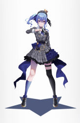 Rule 34 | 1girl, beret, black footwear, black gloves, black thighhighs, blue eyes, blue hair, blue ribbon, blue socks, breasts, cleavage, dress, frilled dress, frills, fukai ryosuke, full body, gloves, grey dress, grey hat, hair between eyes, hair ribbon, hat, highres, holding, holding microphone, hololive, hoshimachi suisei, hoshimachi suisei (1st costume), kneehighs, long sleeves, looking at viewer, microphone, partially fingerless gloves, plaid, plaid dress, plaid headwear, ribbon, shoes, side ponytail, simple background, single sock, single thighhigh, smile, socks, solo, standing, star (symbol), thigh strap, thighhighs, virtual youtuber, white background