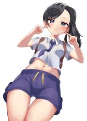 Rule 34 | 1girl, absurdres, alternate hair color, black hair, blush, breast pocket, breasts, closed mouth, collared shirt, commentary request, creatures (company), from below, game freak, grey eyes, hands up, highres, juliana (pokemon), kajitsu no hito, looking at viewer, mole, navel, necktie, nintendo, pocket, pokemon, pokemon sv, ponytail, purple necktie, purple shorts, shirt, short sleeves, shorts, small breasts, smile, solo