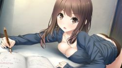Rule 34 | 1girl, ass, bent over, black panties, blouse, blue shirt, blush, breast press, breasts, brown eyes, brown hair, butt crack, cleavage, game cg, haru kiss, indoors, large breasts, long hair, looking at viewer, mikoto akemi, open mouth, panties, pantyshot, pen, shiraishi aoi, shirt, solo, standing, table, thong, underwear, whale tail (clothing)