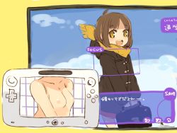 Rule 34 | 1girl, bag, breasts, brown hair, duplicate, fake screenshot, game console, mota, nintendo, nipples, open mouth, original, scarf, short hair, sketch, small breasts, solo, wii, wii u, x-ray, yellow eyes