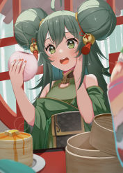 Rule 34 | + +, 1girl, :d, absurdres, ahoge, bamboo steamer, baozi, blush, copyright request, double bun, eating, food, green eyes, green hair, green kimono, hair bun, hair ornament, hand on own cheek, hand on own face, highres, holding, holding food, indoors, japanese clothes, kimono, kimono pull, long hair, long sleeves, nail polish, ninkuman, open mouth, orange nails, rindou ringdong, round window, smile, solo, sparkle, sparkling eyes, steam, tassel, teeth, upper body, upper teeth only, wide sleeves, window