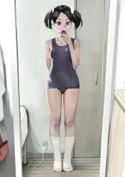 Rule 34 | 1girl, arm behind back, black hair, blue eyes, blue one-piece swimsuit, bow, breasts, cellphone, electrical outlet, full body, hair bow, hand up, highres, holding, holding phone, inamitsu shinji, indoors, looking at phone, mirror, no shoes, one-piece swimsuit, original, paid reward available, phone, plug, school swimsuit, selfie, short hair, small breasts, smartphone, socks, solo, standing, swimsuit, twintails, white bow, white socks