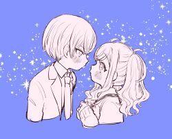 Rule 34 | 1boy, 1girl, aoyagi touya, blazer, blue background, blush, cardigan, chibi, collared shirt, commentary, cropped torso, double-parted bangs, face-to-face, from side, greyscale with colored background, hair between eyes, highres, jacket, kamiyama high school uniform (project sekai), lapels, lineart, long hair, long sleeves, looking at viewer, looking to the side, miyamasuzaka girls&#039; academy school uniform, neckerchief, necktie, notched lapels, octagram, open clothes, open collar, open jacket, poppu usagi, profile, project sekai, sailor collar, school uniform, serafuku, shirt, short hair, sidelocks, simple background, sketch, sparkle, striped, tenma saki, twintails, upper body, wavy hair